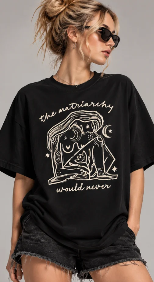 Oversized Vintage Streetwear The Matriarchy Would Never Graphic Tee, Feminist Moon Star Art Print Unisex Short Sleeve T Shirt