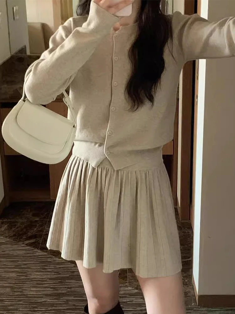 KUSAHIKI Korean Chic Spring Single Breasted Knitted Cardigan Jacket + High Waisted Pleated Skirt Two-piece Set