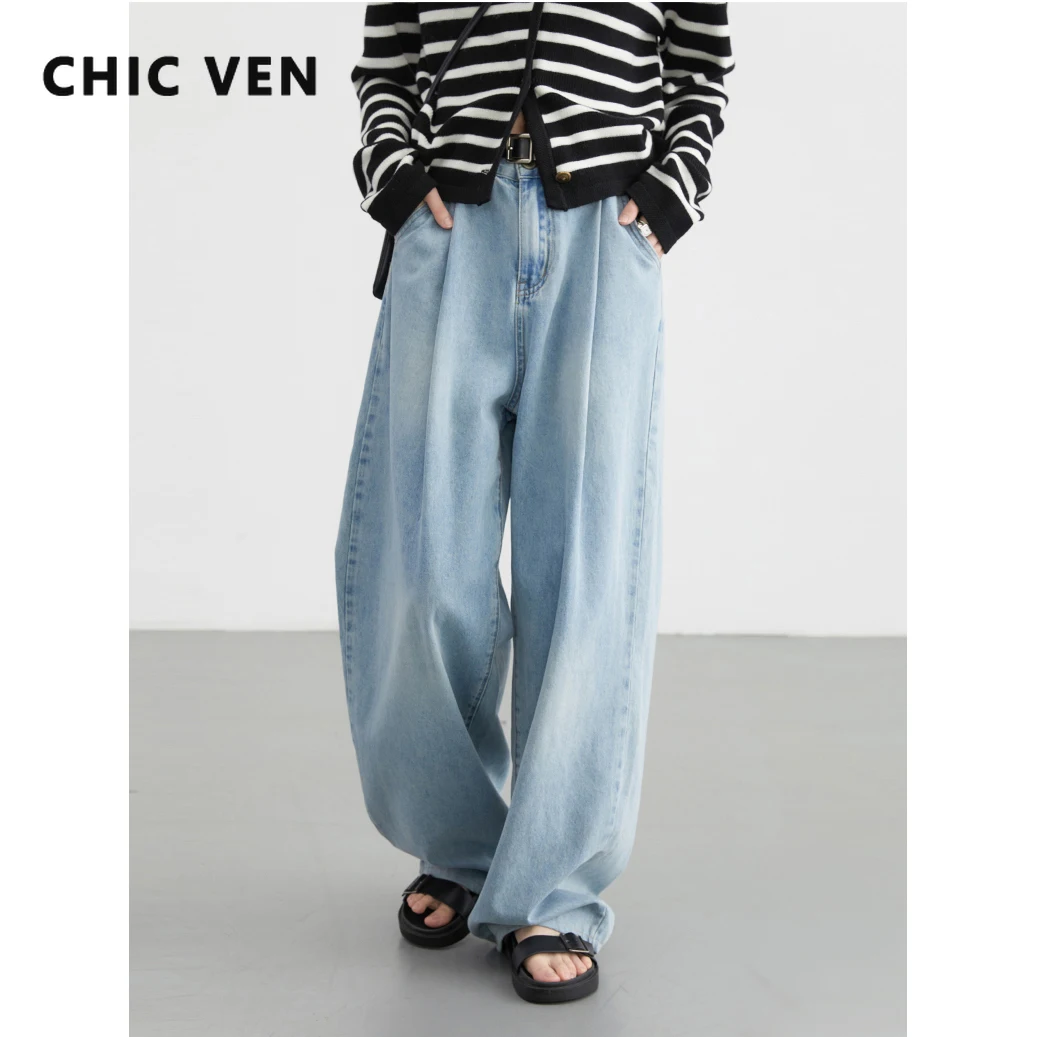 

CHIC VEN Women Jeans Casual New High Waisted Pleated Wide Leg Denim Pant Loose Woman Trousers Cotton Spring Autumn 2024