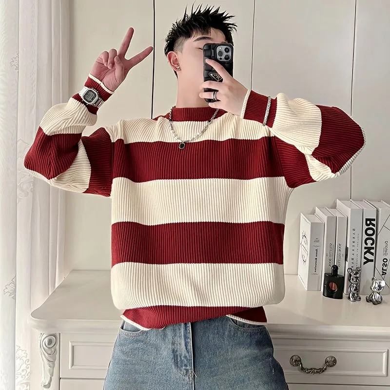 

Мужской пуловер с круглым вырезом и длинными рукавами контрастного цвета, свитер с резьбой, вязаный повседневный модный топ