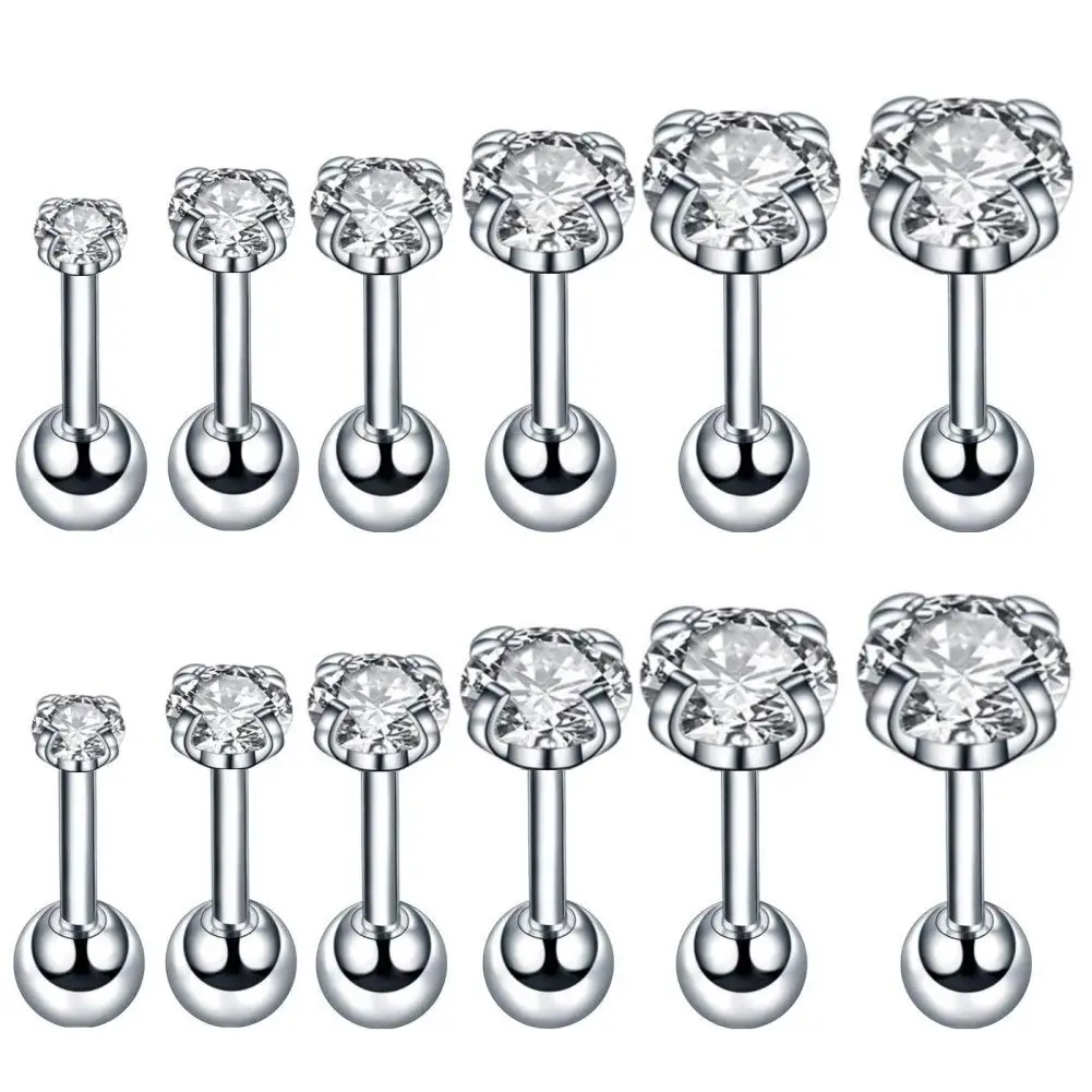 16g Surgical Stainless Steel Cubic Zirconia Studs Cartilage Helix Earrings Screw Backs Ear Tragus Auricle Piercing Jewelry 2-8mm