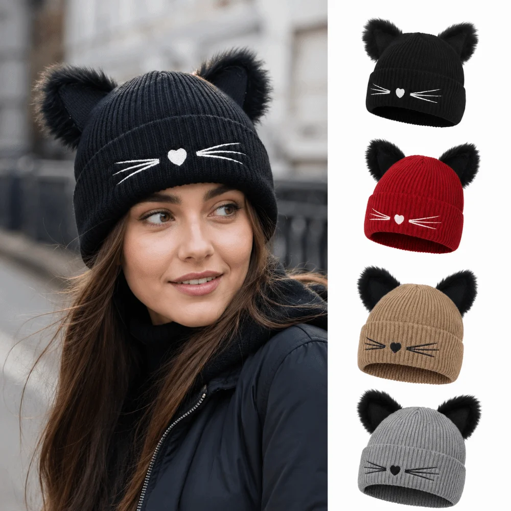 Warm Faux Fur Knit Beanie Hat 3D Fluffy Windproof Cat Ear Beanie Embroidery Kawaii Beanie For Women
