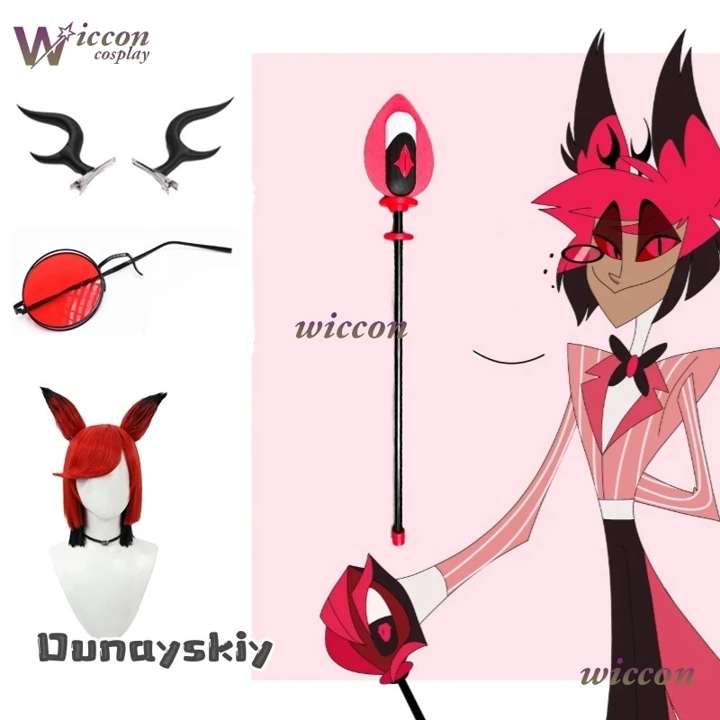 Hemera aBc@Hazzbin2 أزياء تنكرية وردية اللون لراديو الفندق شيطان ألاستور كوسبلاي نظارات قرون ألستور ميكروفون شعر مستعار للهالوين #3