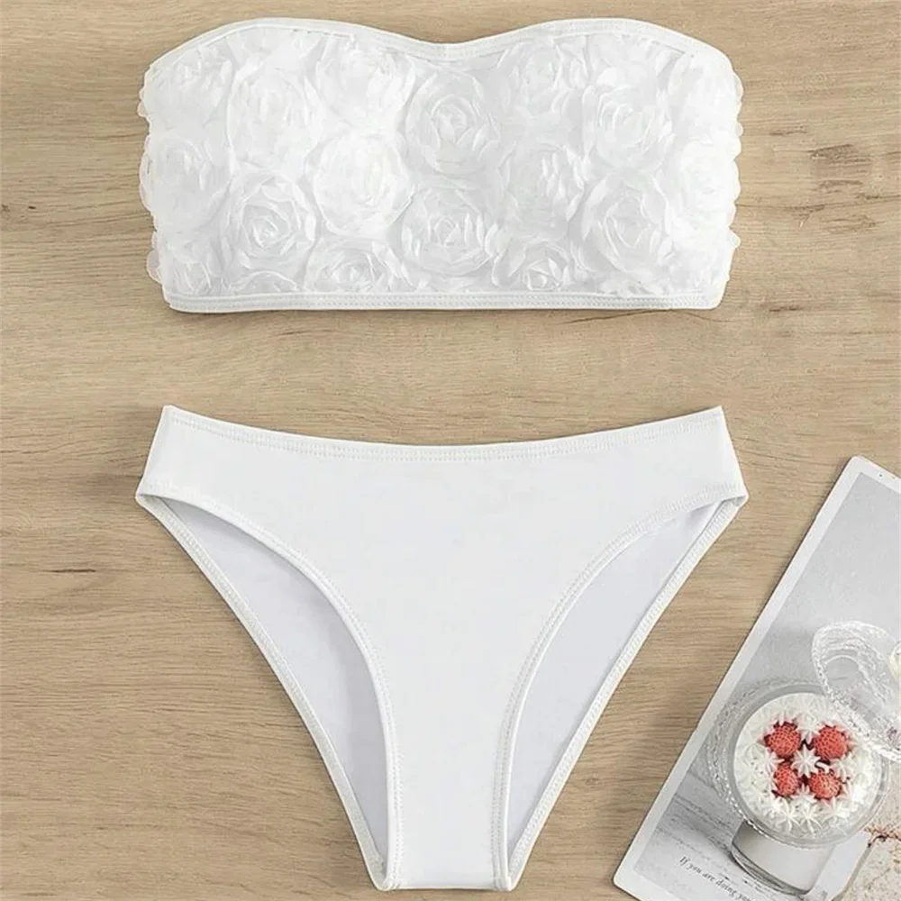 White Flower Bikini Bandeau Swimwear Push Up Bathing Suit Floral Swimsuit Women 2 Piece Beachwear Vacation Outfits Tanga Biquini