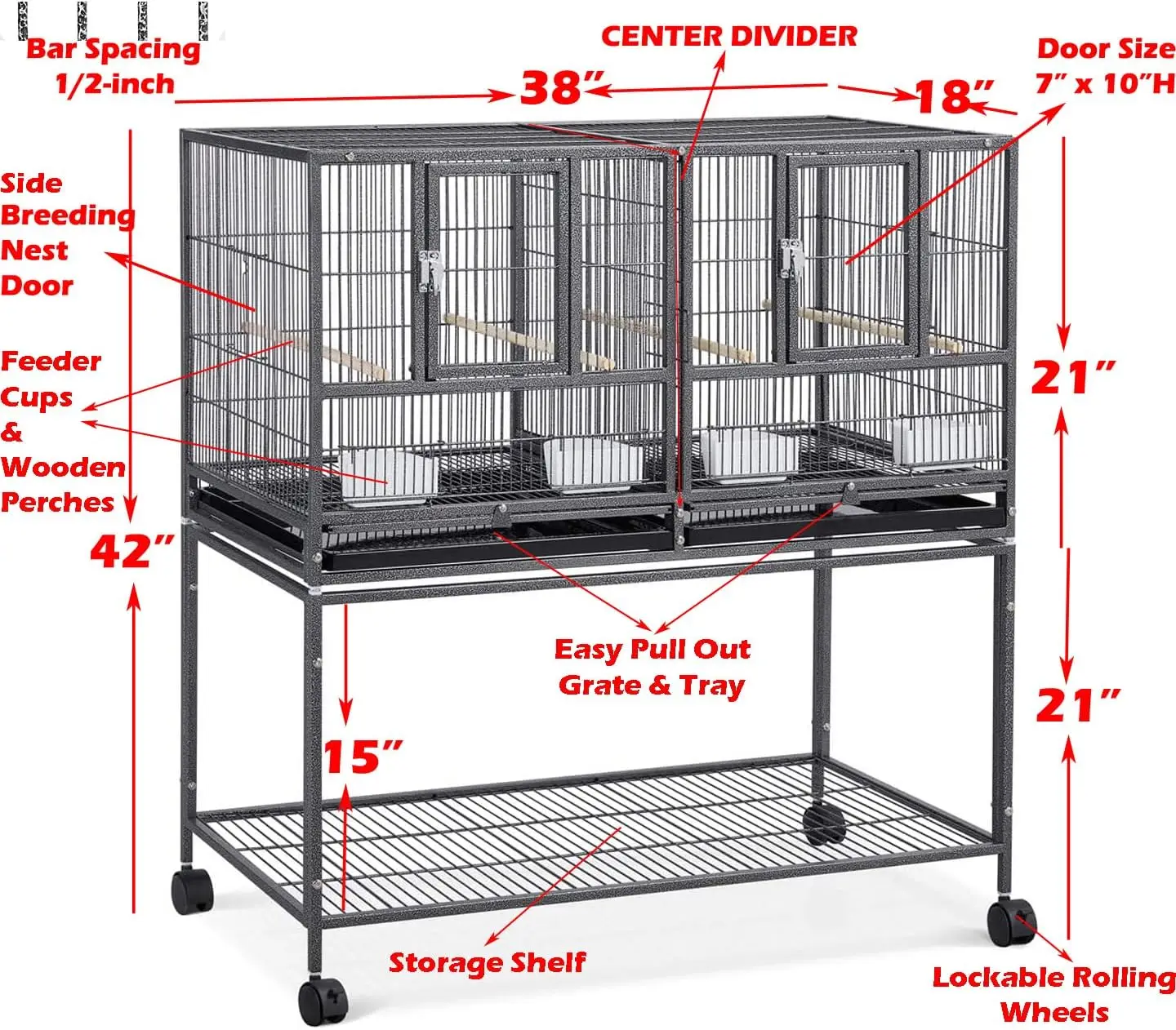 Combo Breeding Stacker Center Divided Breeder Bird Flight Double Rolling Cage with Side Breeding Nest (Black Vein, Single Stack)