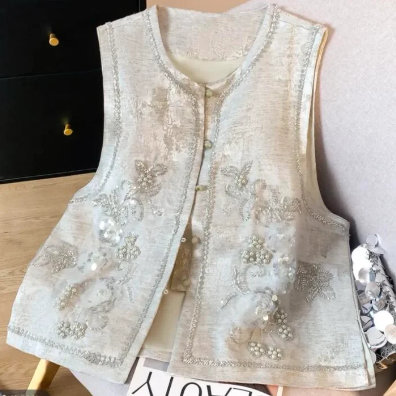 Elegant Women Casual Coat Beads Sleeveless Chinese Clothes Vintage Button Exquisite Linen Blouse Round Collar Sequins Tang Shirt