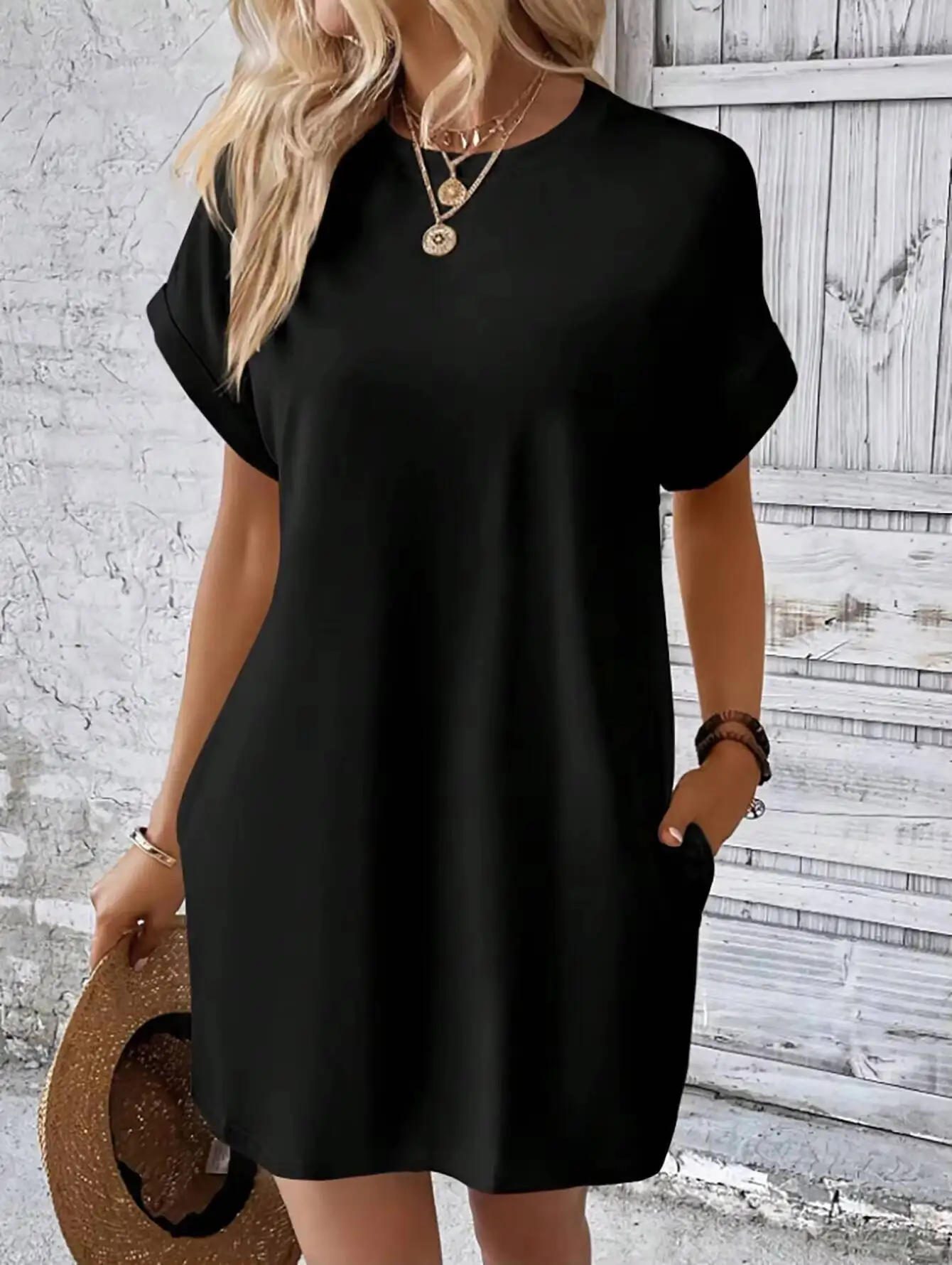 Minikleid für Frühling und Sommer, schwarz, kurzärmelig, Rundhalsausschnitt, lockeres, lässiges T-Shirt-Kleid mit Taschen