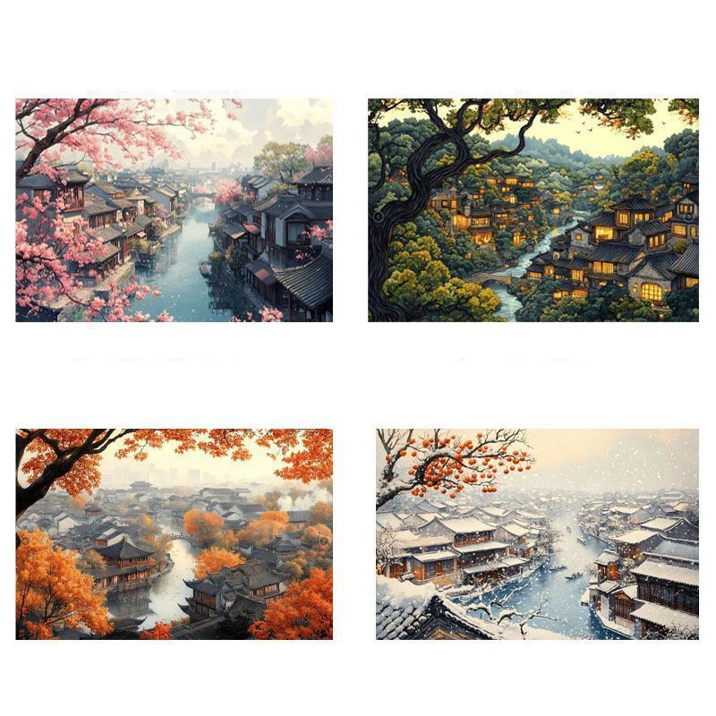 Water Town Four Seasons Embroidery DIY Printed Kits Cross Stitch Thread Needlework Sets Home Decor Crafts Handmade 11CT 9CT