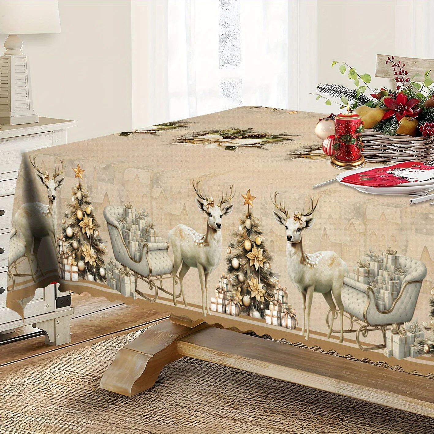 Retro Christmas tablecloth, featuring a design of Santa Claus, reindeer tree and bow tie.
