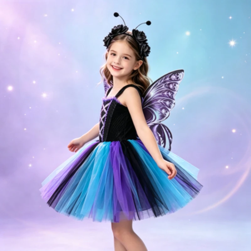 Girl's Dress with Black Butterfly and Skull Print, Halloween Stage Clothes, Outfit Set for Festival Carnival Party Performances