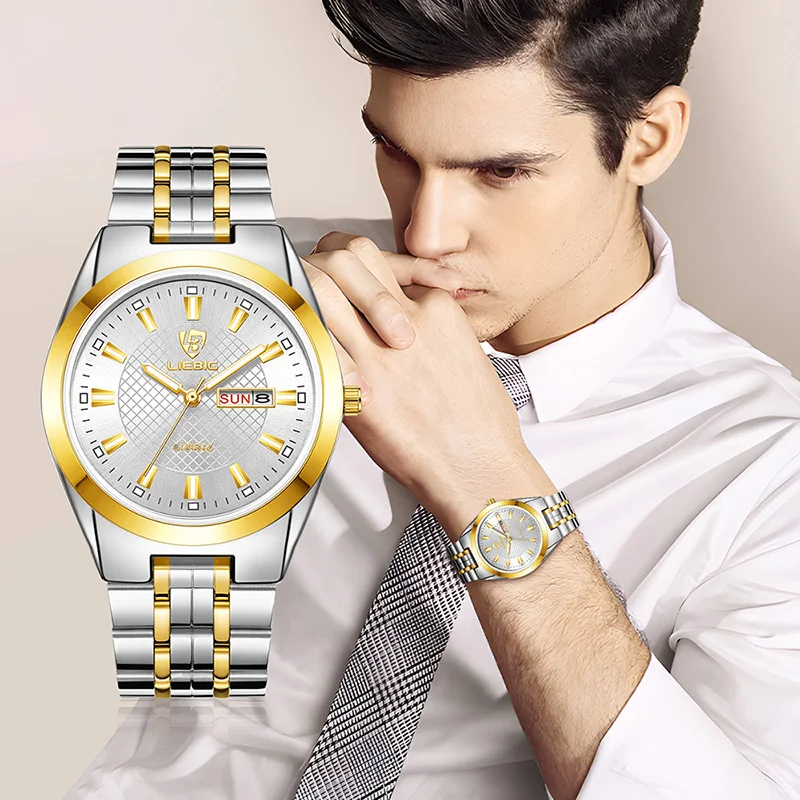 LIEBIG Luxury Stainless Steel Golden Men Fashion Watches Time Date Waterproof Quartz Wristwatch Clock For Male Women reloj