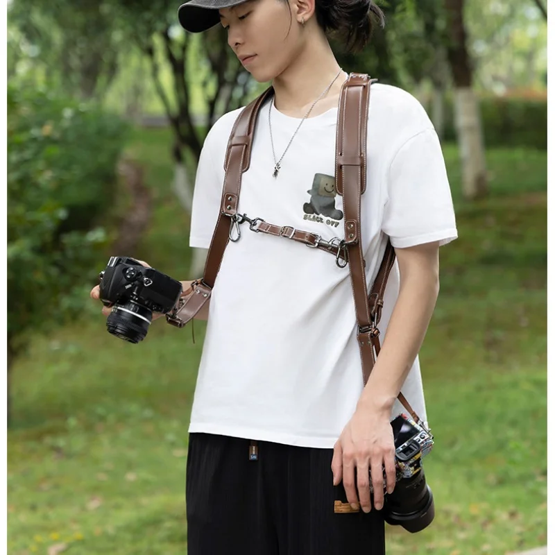 genuine leather Camera Harness for 2 Cameras brown Dual Shoulder Leather Camera Strap Double Camera Harness for DSLR/SLR