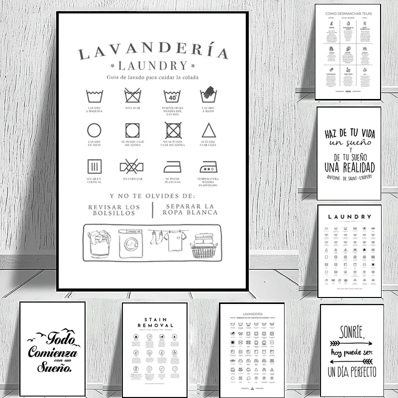 Símbolos españoles de Lavandería, cuadros de pared para lavandería, símbolos, guía de manchas, pintura en lienzo, impresiones, decoración de la habitación del hogar de España