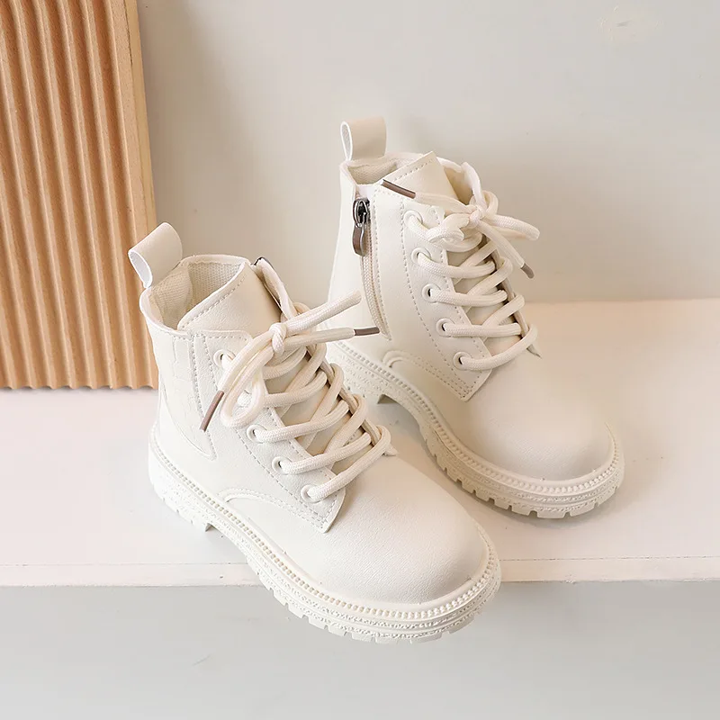 2026 Spring New Children Leather Boots for Boys Solid Beige Versatile Breatheable Simple Kids Short Boots for Girl Casual Simple
