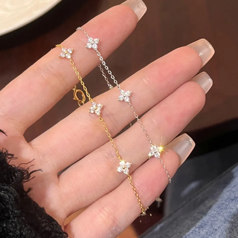 Pulsera de flores de cuatro hojas Cz chapada en plata 925 para mujer y niña, pulsera de cadena de eslabones ajustable delicada, joyería de oro de 18k de tendencia