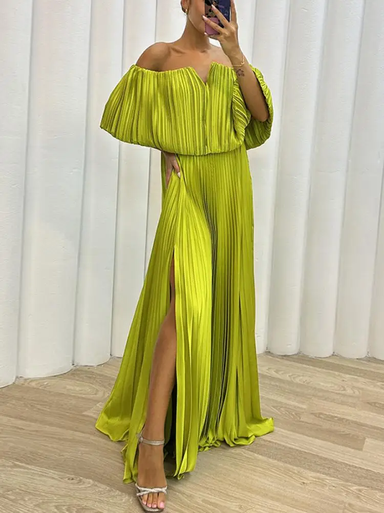 

Lemongor Women Summer Fashion Off-The-Shoulder Pleated Dress 2024 New Solid Color Side-Slit Short Sleeves Party Evening Dresses