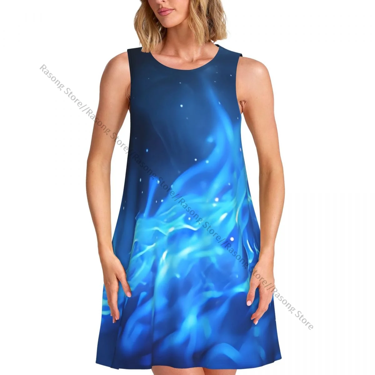 Abito da donna T-shirt casual estiva Abiti da spiaggia Coprispalle con fiamme di fuoco blu