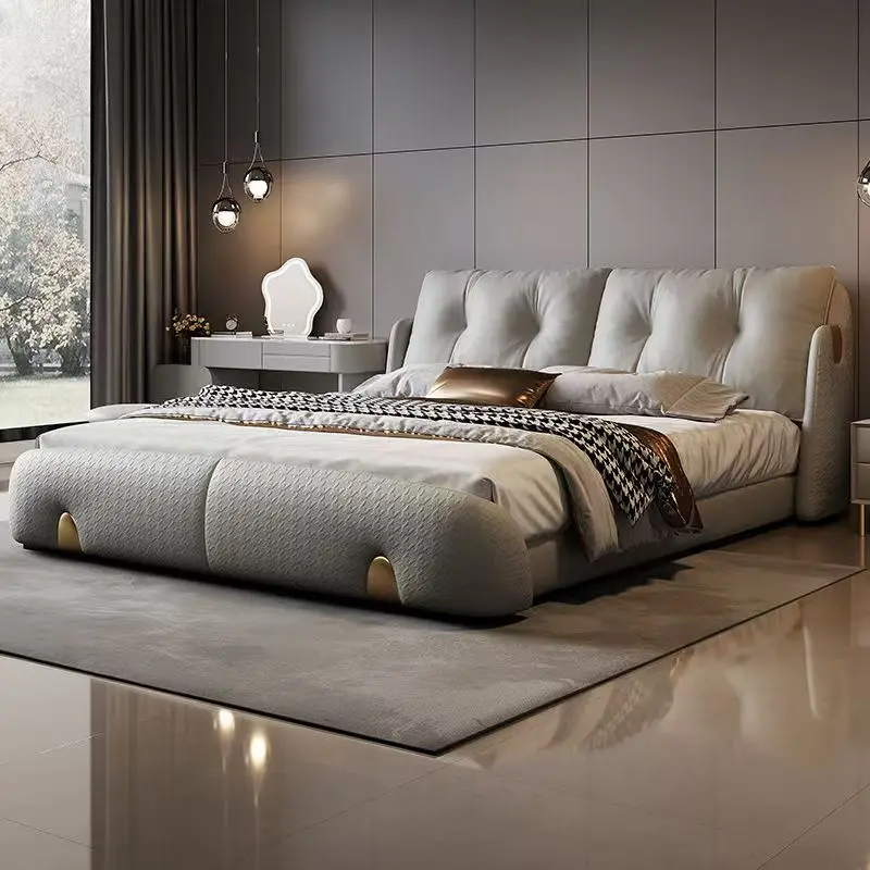 ￥%Popular Modern Luxury Leather Bed  Set High-End King Size With Round Soft Wooden Headboard Elegant Headboard Bedroom Set - view 4