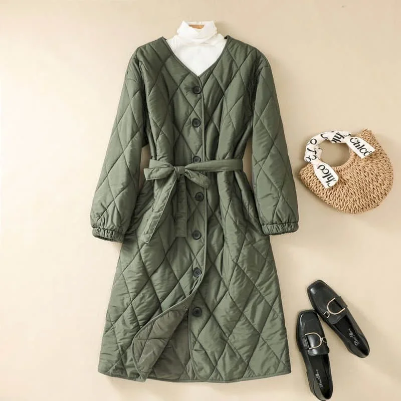 

Quilted Coats O-neck Jackets for Women Long Sleeved Lightweight Cotton Added Knee-length Casual Vintage Waisted Women Clothing