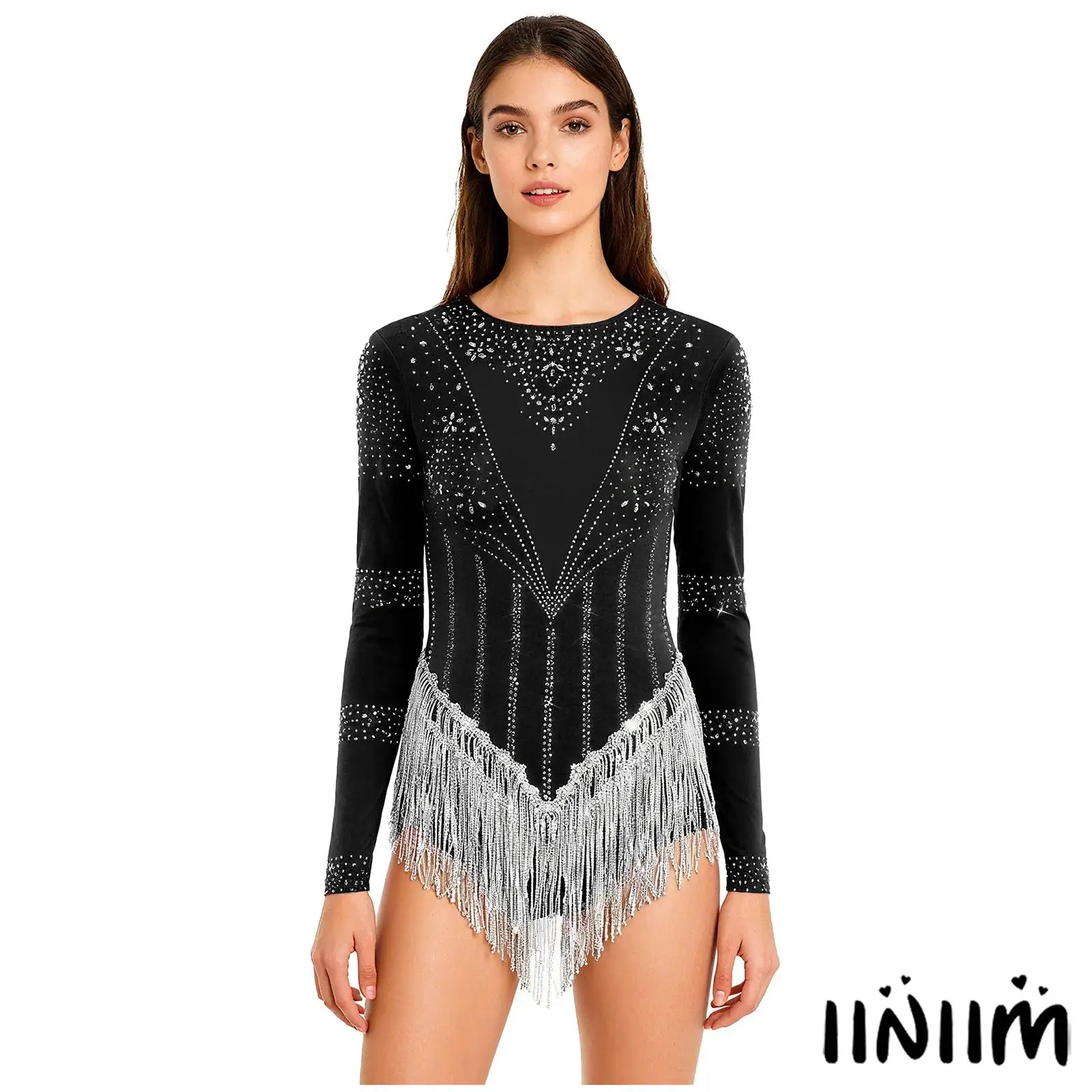 

Womens Lyrical Ballet Dance Bodysuit Sequin Tassel Long Sleeve Gymnastics Jumpsuit Rumba Latin Jazz Dance Performance Leotard