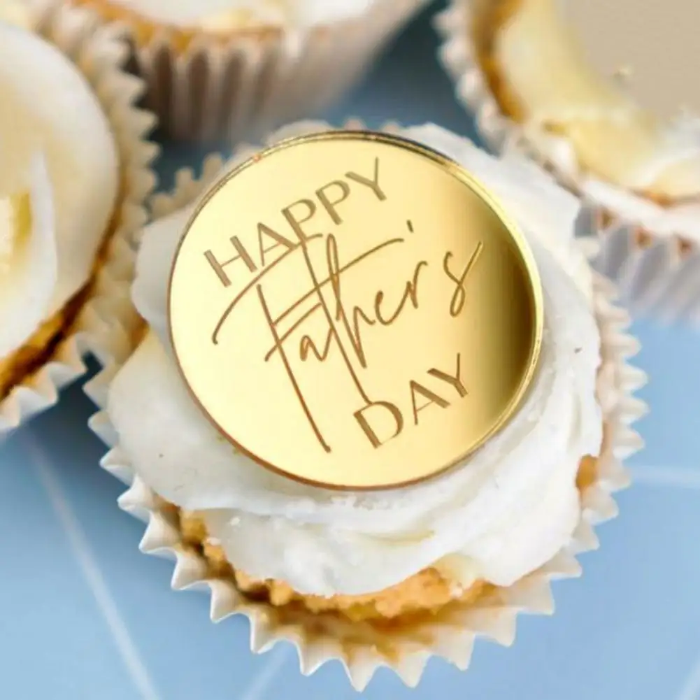 10Pcs Father Day Marked Cake Toppers Letter Carved Round Happy Father Day Cake Insert Acrylic Cupcake Decorations Party Decor