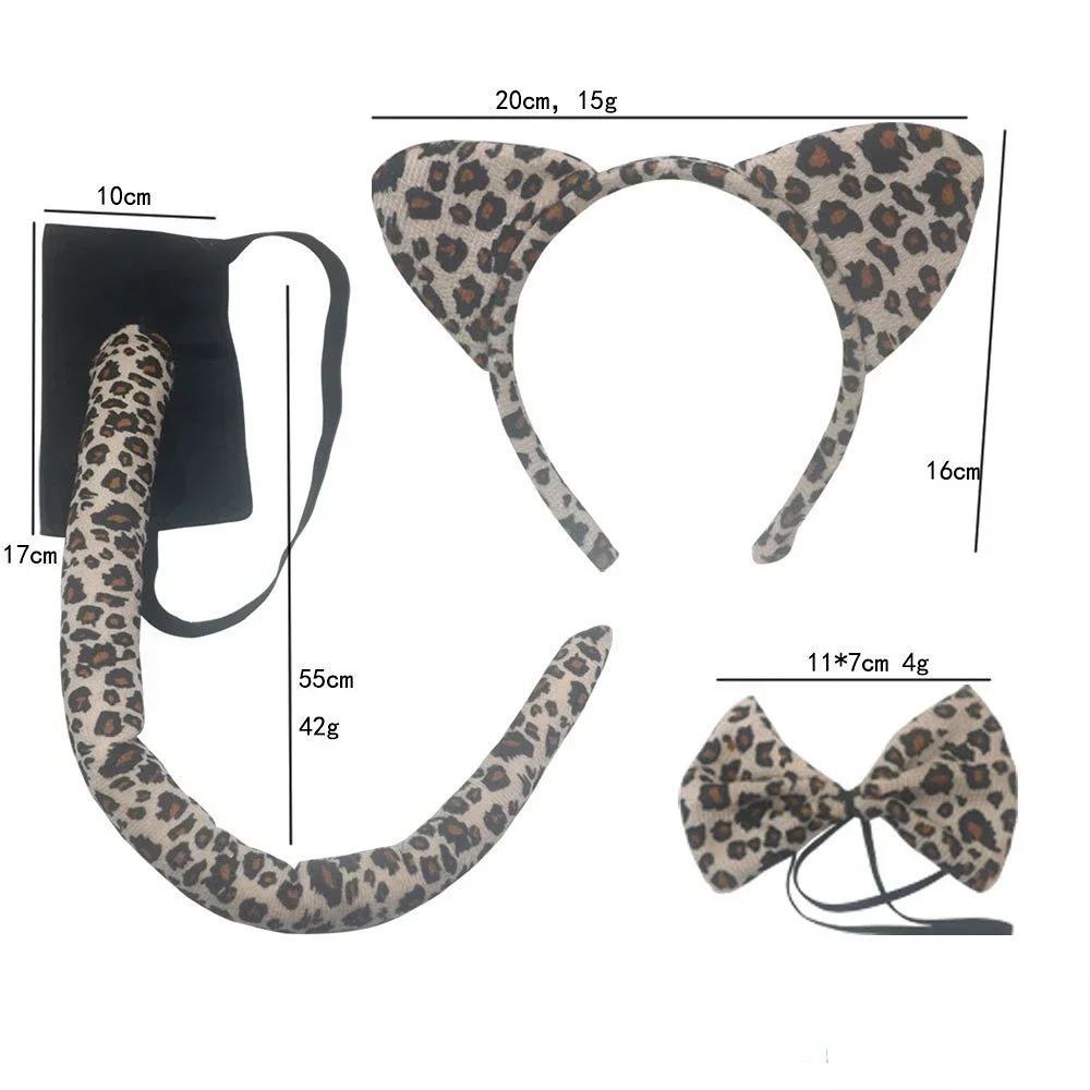 Adult Kids Children Boy Girls Leopard Cat Ears Tail and Bow Tie Party Costume Kit Halloween Birthday Gift