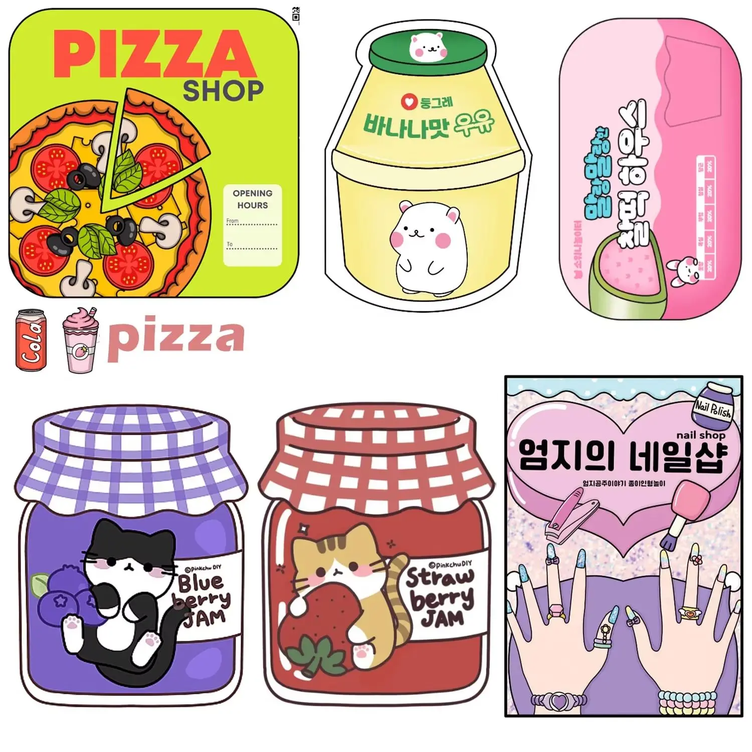 Pizza Shop Theme DIY Quiet Book Kit, Includes Nail Salon, Cat, Milk, Role-Play, Paper Dolls, Craft Supplies for Girls
