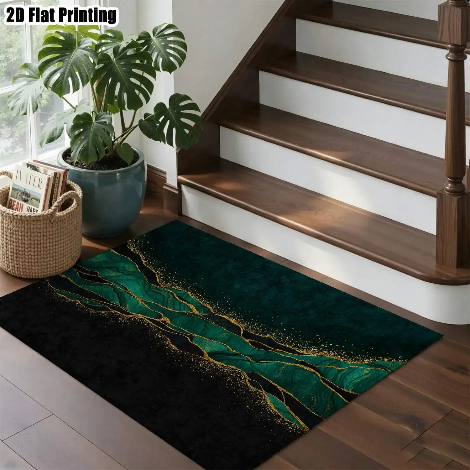 1Pc 2D Printed Carpet: Deep Green & Gold Abstract Art Pattern, Modern Simple European/Instagram Style Floor Mat, Home Decor, Multi-Size, Machine Washable, for Entrance, Living Room, Bedroom, Dining Room, Foyer