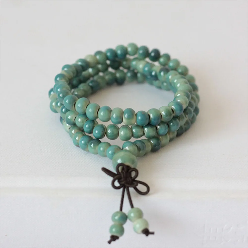 

6mm Teal Ceramic 108 Bead Pendant Bracelet Trendy Charm Gift Bangle Mala Artisan Peace Japa Wear Men