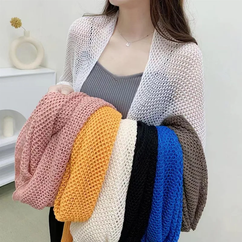 Summer Thin Hollow Knitted Cardigan Women Outdoor Sunscreen Solid Color Crop Top Coat Korean Style Fashion Long Sleeve Clothes