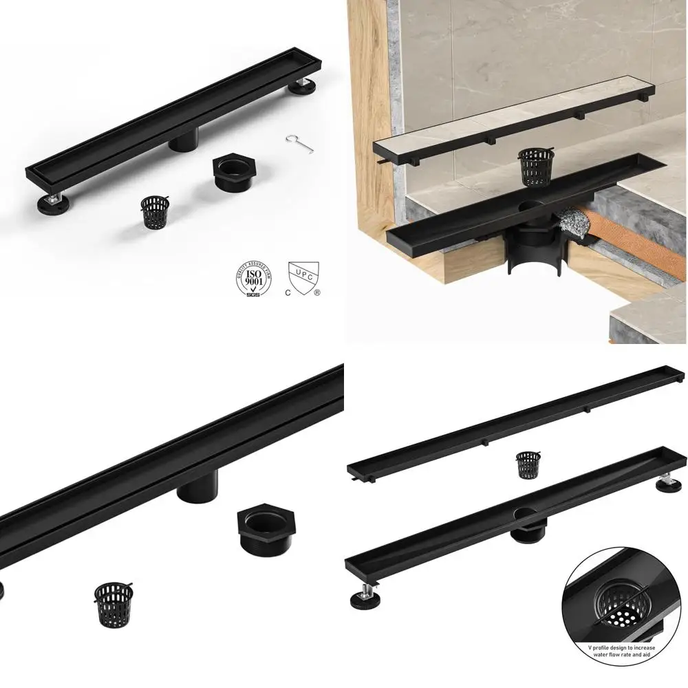 تصريف دش الحمام المطور: 28 أسود غير لامع، تصريف سريع، إدخال البلاط، ستانلس ستيل مع مصفاة شعر ومفتاح تصريف #1