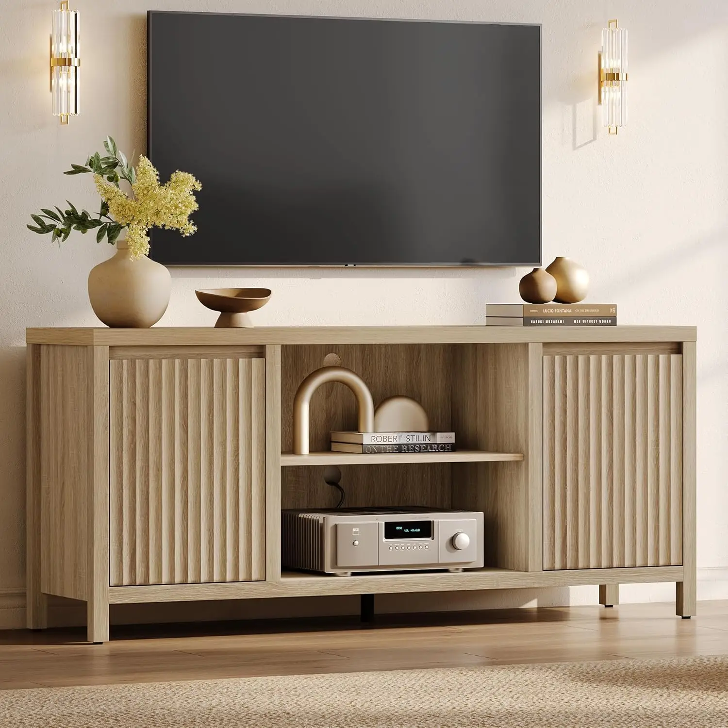 Fluted TV Stand for 55 65 Inch TV Mid Century Modern Entertainment Center