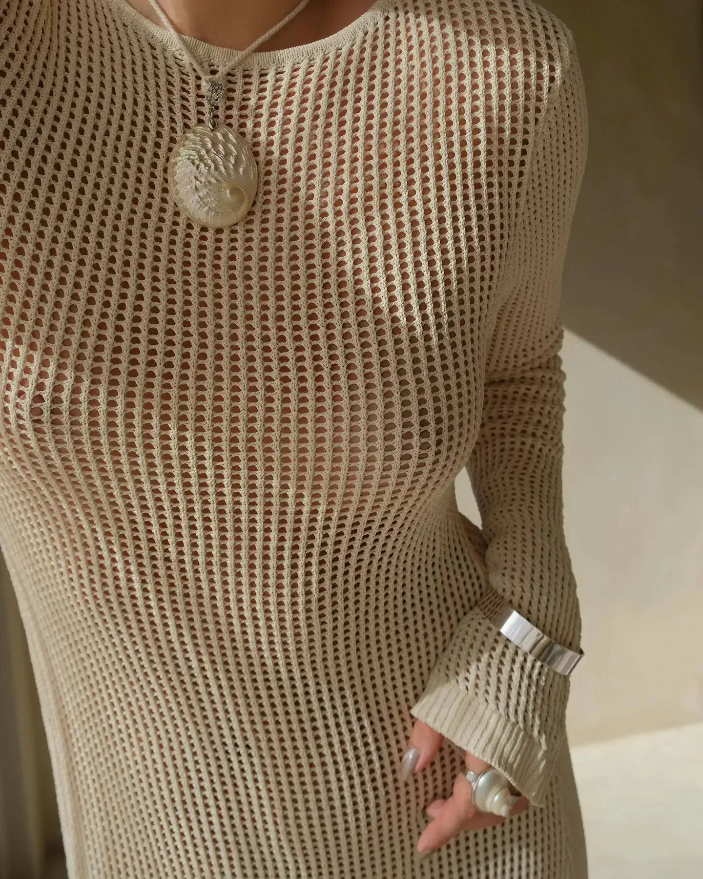 القطن متماسكة جوفاء فساتين بأكمام طويلة المرأة الصلبة منظور المايوه بلوزة طويلة الصيف عطلة الشاطئ التفاف فستان الأرداف #3