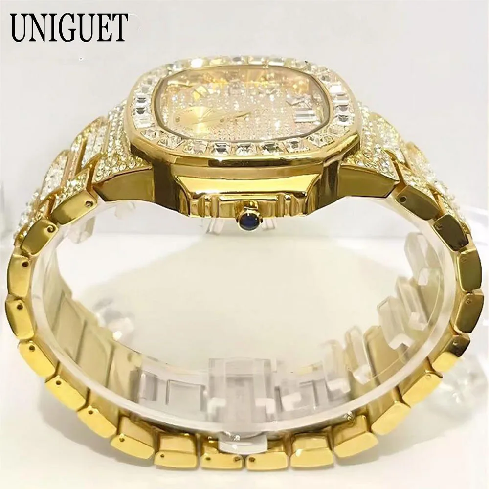 Luxury 18k Gold Watch For Men Fashion Stainless Steel Iced Out Watch Man's Hip Hop Square Diamond Quartz Wristwatch Dropshipping