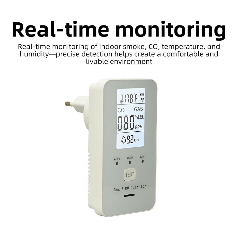 GC03 4-in-1 Gas Carbon Monoxide Detector AC 100-240V Plug-in EU Plug LCD Display Temperature Humidity Alarm Home Safety