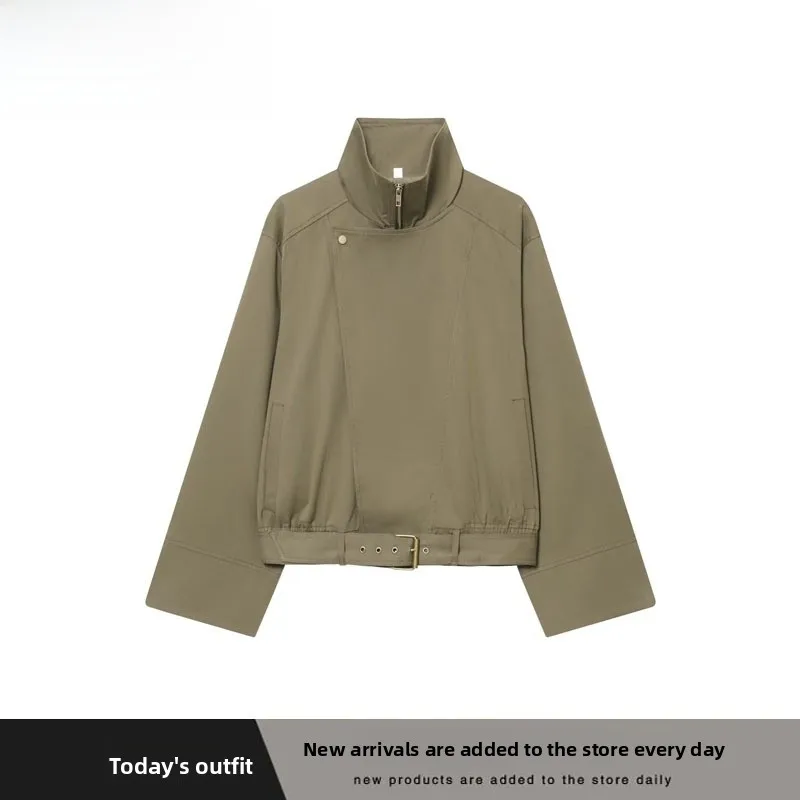 

Fall Winter New Arrival Women's ort High Collar Windbreaker Jaet Belt Decorated ZR Sle Polyester Fiber Long Sve Zipper