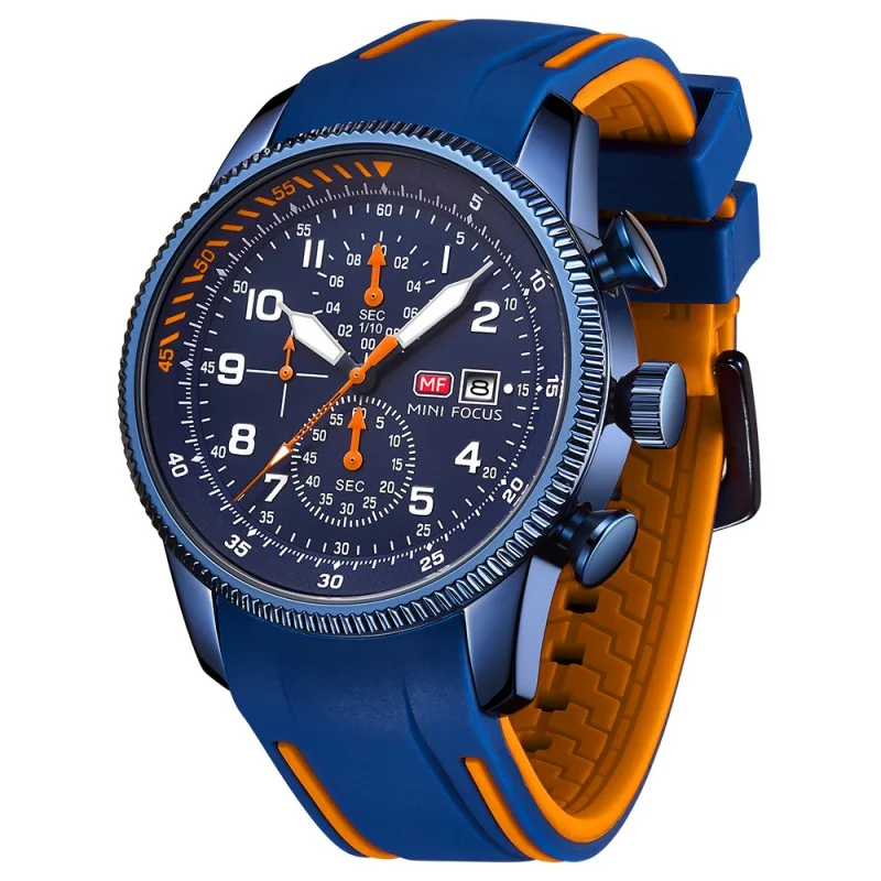Waste Time Auto Date Luminous Product Code MF0379G Water-repellent Quartz Watch Chronograph Wristwatch with Blue Silicone Strap
