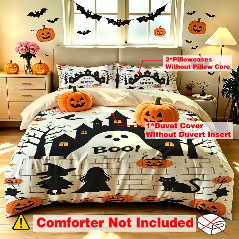 Halloween Duvet Cover Set 3PCS Haunted House Pumpkin Boo! Witch Black Cat Bedding Set Soft Fabric Home Decoration for Bedroom