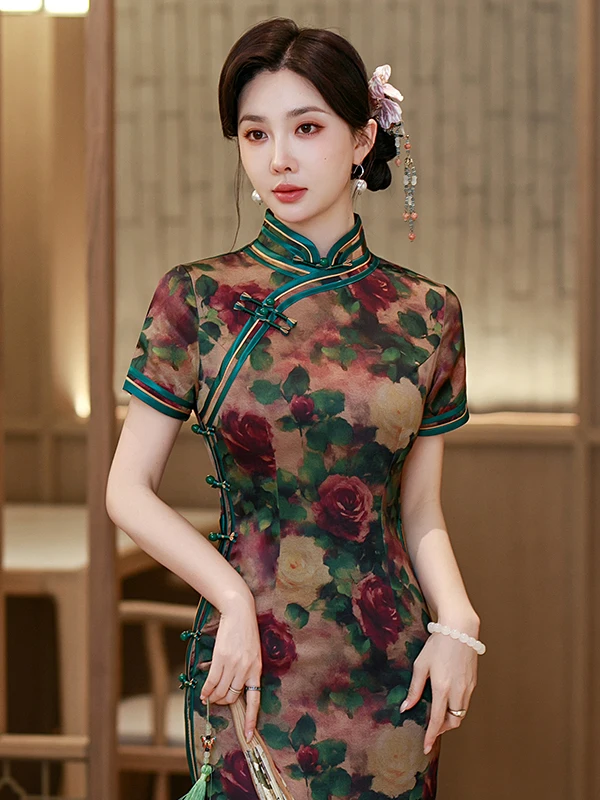 

Ele Long Dr Chinese Sle Reformed Mom's National Dr Daily Wear Retro Sle Breathable Floral Print
