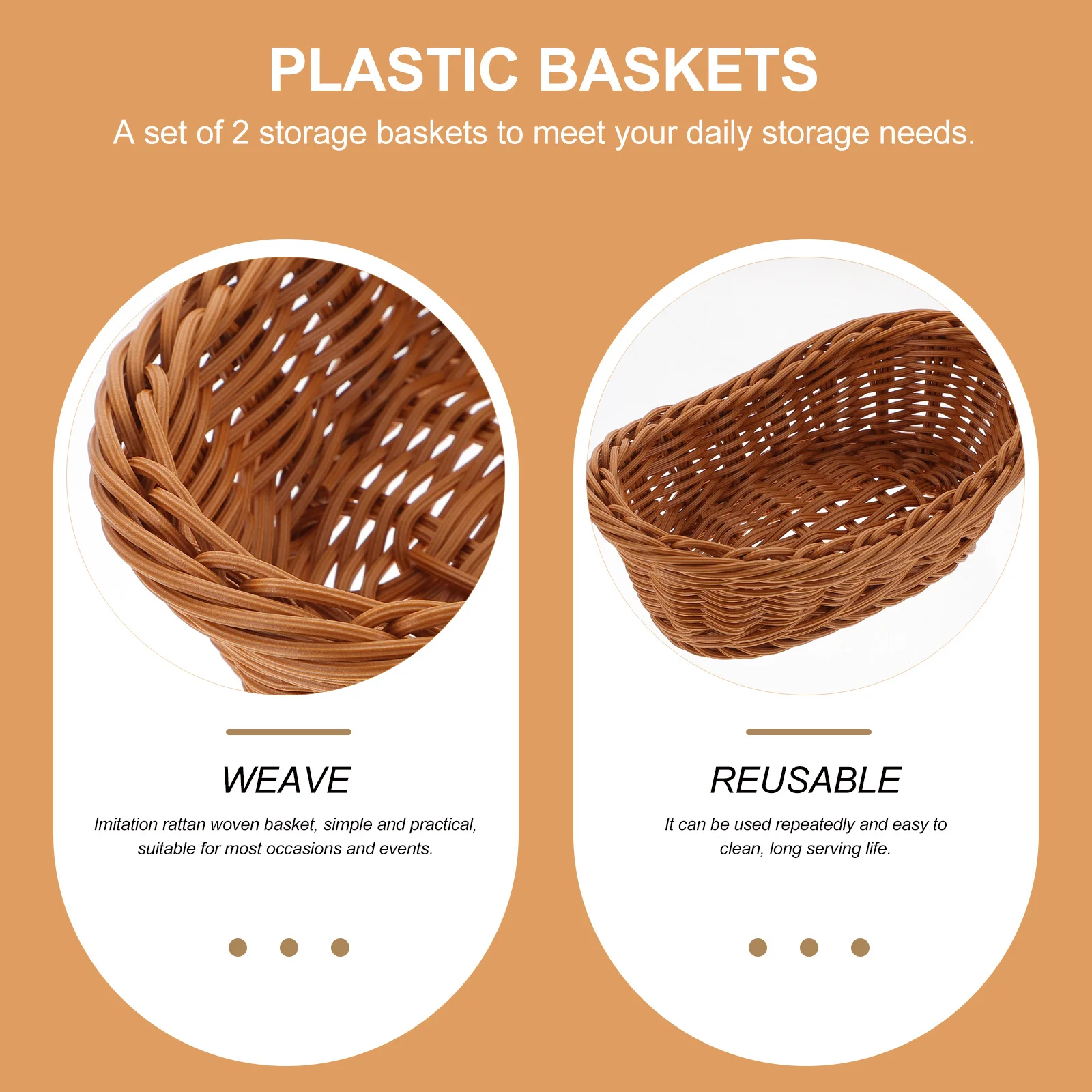 

2Pcs Imitation Rattan Woven Storage Baskets Reusable Kitchen Organizer Fruit Vegetable Bread Snack Holder Plastic Baskets