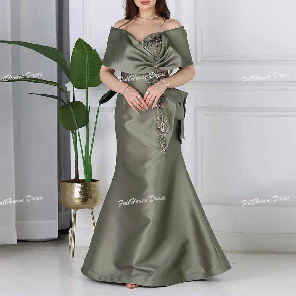 

Customized Modest Off Shoulder Pleated Evening Dress Beaded Sexy Straight Floor Length Saudi Dress Backless Dress with Court