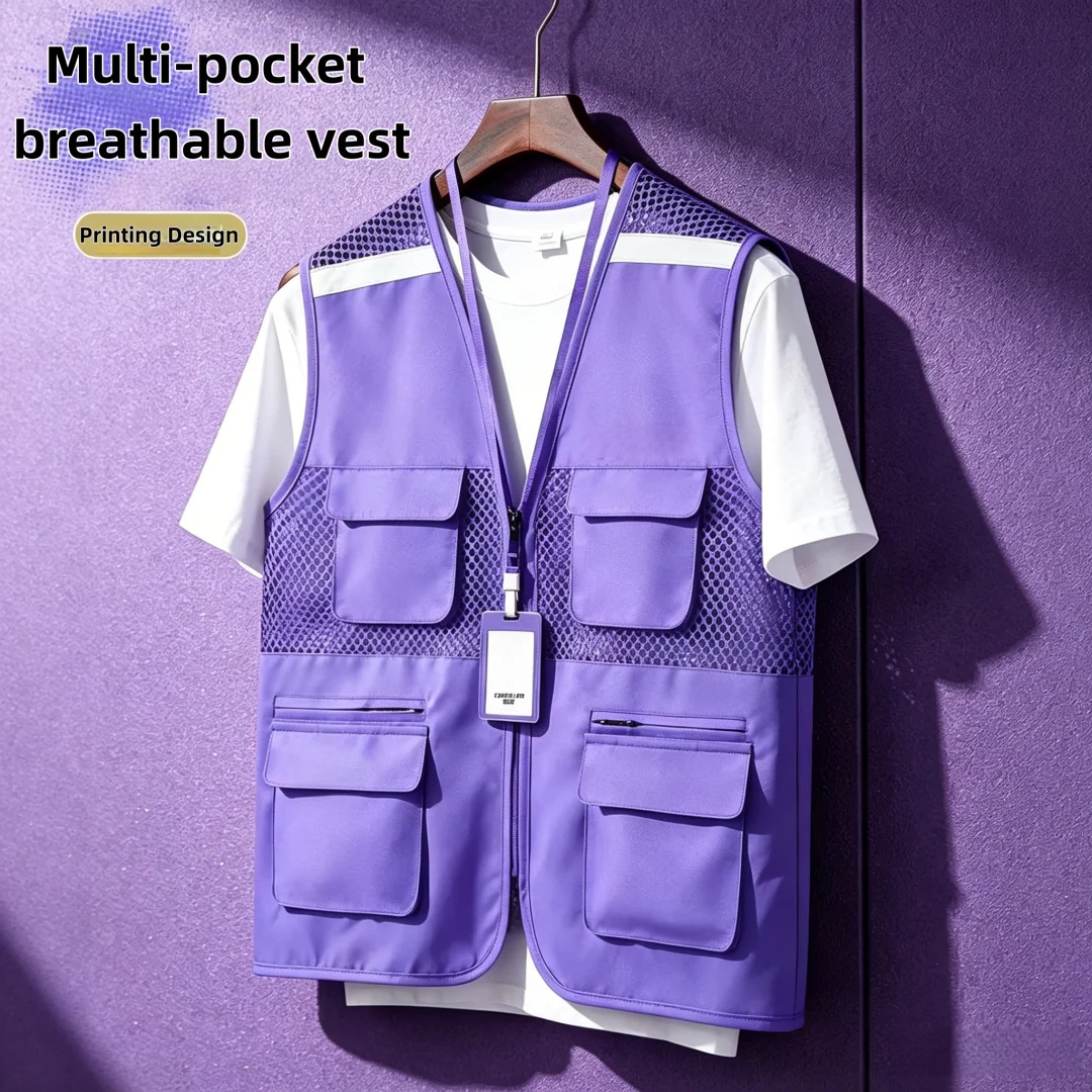 Printing LOGO Thin Mesh Vest Outdoor Sports for Jackets Sleeveless Vest Multi Pockets Casual Work Wear Camping Fishing Vests