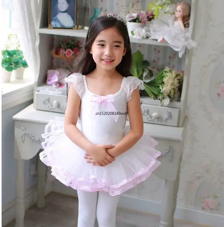 Long Sleeve Children Gymnastics Leotard For Girls Lace Bow-knot Ballet Tutu Dance Dress Pink Ballet Dance Costumes For Kids