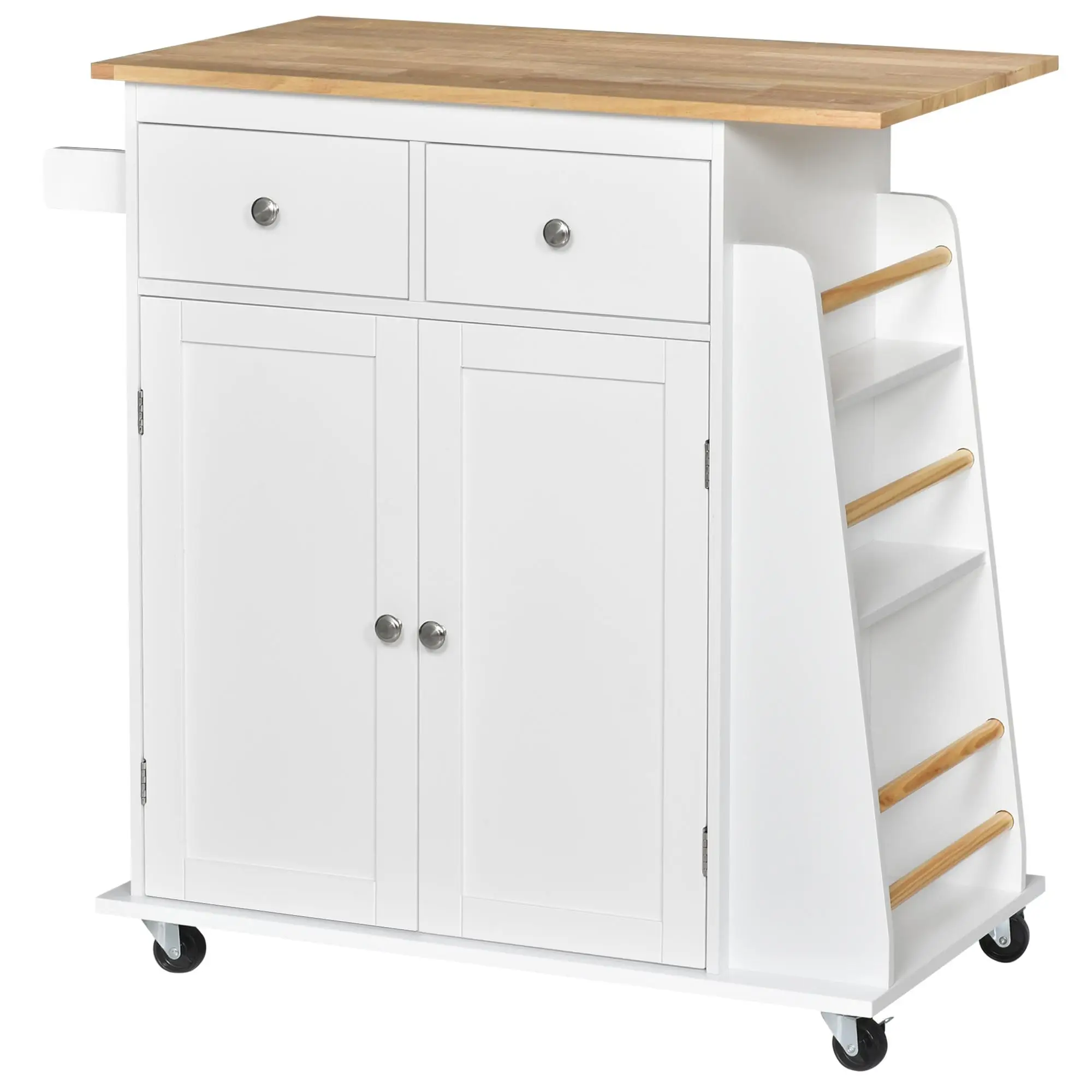 Chariot de cuisine en MDF et bois d'hévéa, 2 tiroirs, armoire à 2 portes, étagère à épices à 3 niveaux, 89x45x89,5 cm, blanc