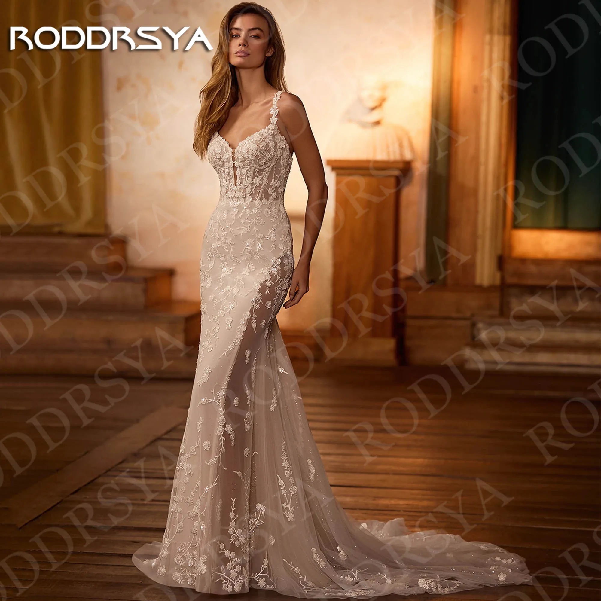 

RODDRSYA Mermaid Backless Wedding Dresses Luxury 2026 V-Neck Lace Applique Spaghetti Straps Bridal Dress Boho Tulle Customized
