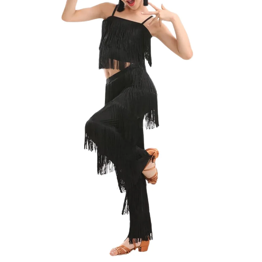 Womens Dancewear Elastic Waistband Tassel Latin Dance Pants Tango Cha-Cha Performance Costume Tiered Fringed suit