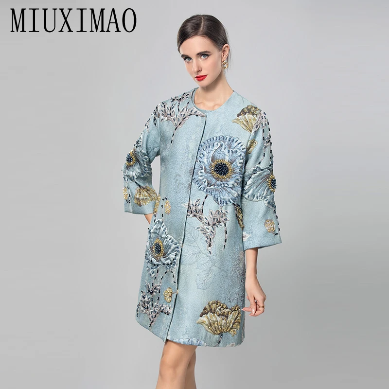 

MIUXIMAO 2025 осенне-зимняя элегантная куртка, тонкое пальто с бриллиантами, однобортное однобортное модное пальто с круглым вырезом и синим цветком для женщин