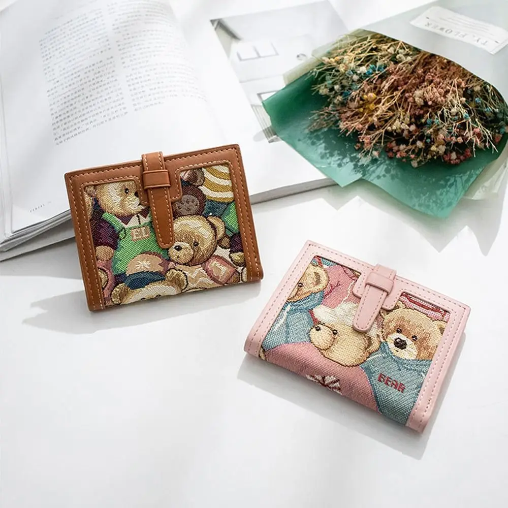 Милый вязаный женский кошелек с мультяшным медведем, холст в богемном стиле, держатель для карт, сумка для монет, дорожный