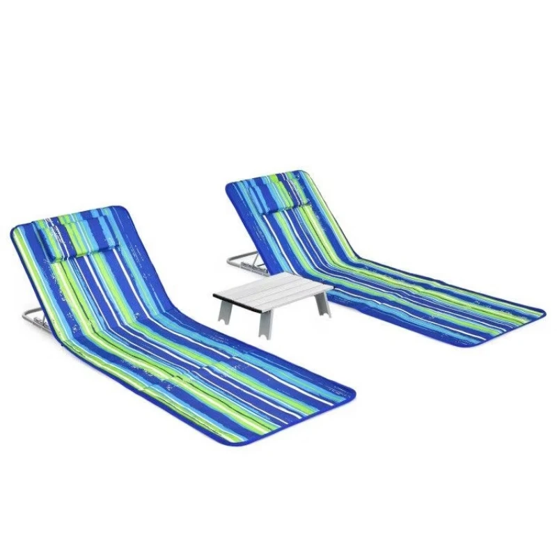 3-Piece beach lounger mat including 2 striped adjustable loungers and table