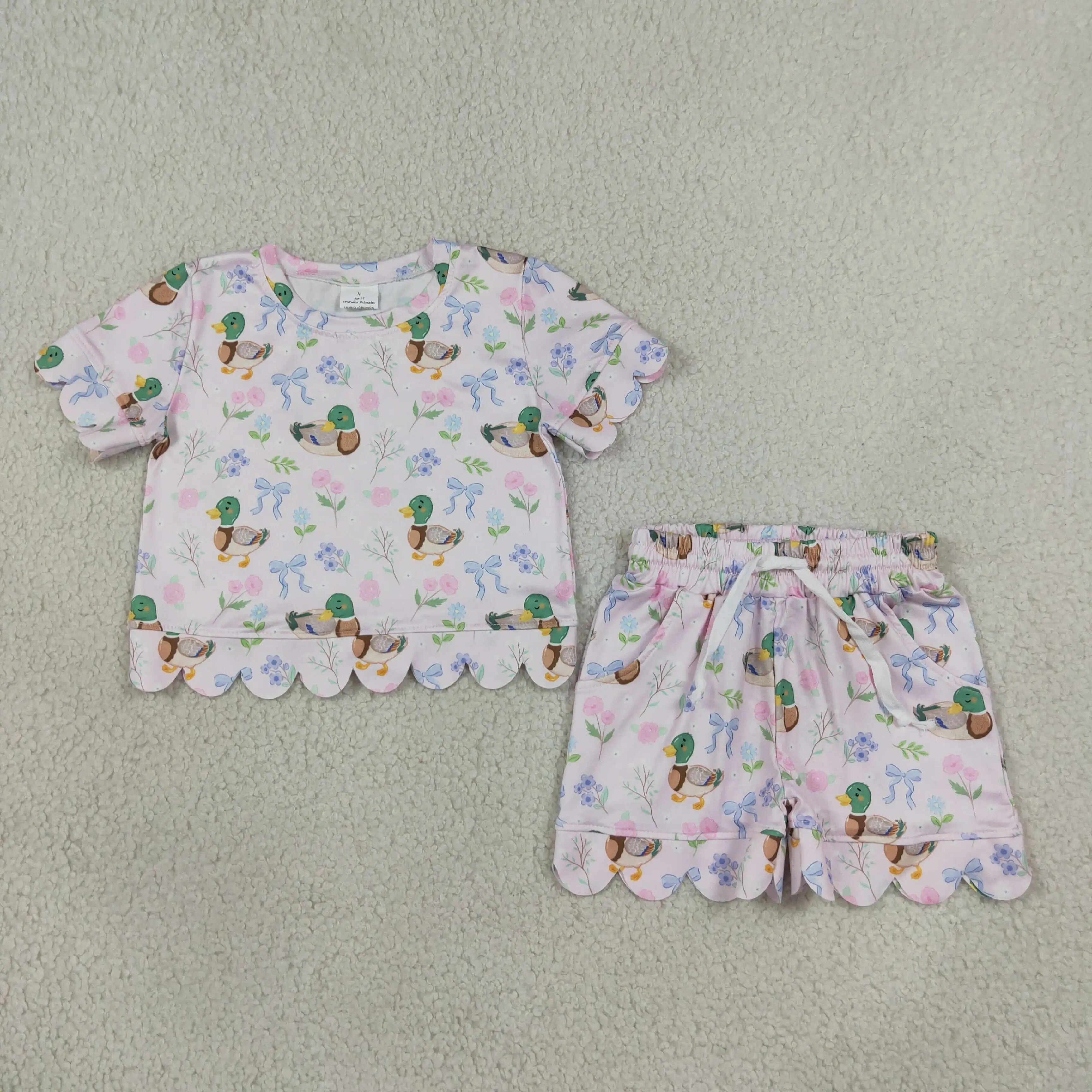 Wholesale Baby Girl Short Sleeve Ducks Bows Flower Shirt Pockets Shorts Scalloped Set Kid Clothes Children Toddler Summer Outfit